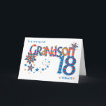 Grandsons 18. Geburtstagssterne und Word Art Card Feiertagskarte<br><div class="desc">Ein farbenfrohes "Word Art" Design für den 18. Geburtstag Ihres Enkels mit mustergefüllten Briefen und dekorativen Sternen. Die Titelgrüße lautet: "Zu einem ganz besonderen GRANDSON 18 HEUTE!" in hellrot, blau und gelb. Das Wort "GRANDSON" ist sehr groß und die Buchstaben sind mit Streifen und Polka Punkten gefüllt, und in der...</div>