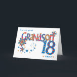 Grandsons 18. Geburtstagssterne und Word Art Card Feiertagskarte<br><div class="desc">Ein farbenfrohes "Word Art" Design für den 18. Geburtstag Ihres Enkels mit mustergefüllten Briefen und dekorativen Sternen. Die Titelgrüße lautet: "Zu einem ganz besonderen GRANDSON 18 HEUTE!" in hellrot, blau und gelb. Das Wort "GRANDSON" ist sehr groß und die Buchstaben sind mit Streifen und Polka Punkten gefüllt, und in der...</div>