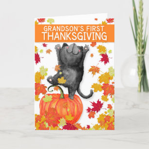 Grandson's 1st Thanksgiving Dancing Black Cat Feiertagskarte