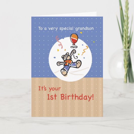 Grandsons erster Geburtstag mit Bär und Ballon Karte (Vorderseite)