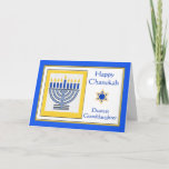 Grandtochter Chanukah Contemporary Menorah Karte<br><div class="desc">Happy Chanukah Liebe Grandtochter,  zeitgenössische Menorah mit blauen Kerzen,  Papier Grußkarte. Digitale Illustration mit einer beleuchteten Menorah und einem Stern von David. Art,  Bild und Vers Copyright © Shoaff Ballanger Studios,  2024.</div>