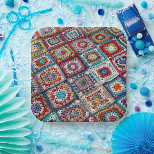 Granny Square Crocheted Quilt Pappteller (Party)