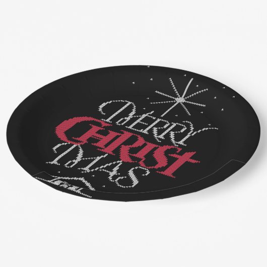 Granny Strick Religious Ugly Merry Christmas Sweat Pappteller (Schrägansicht)