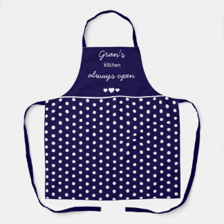 Gran's Kitchen Always Open Navy Blue And White Dot Schürze