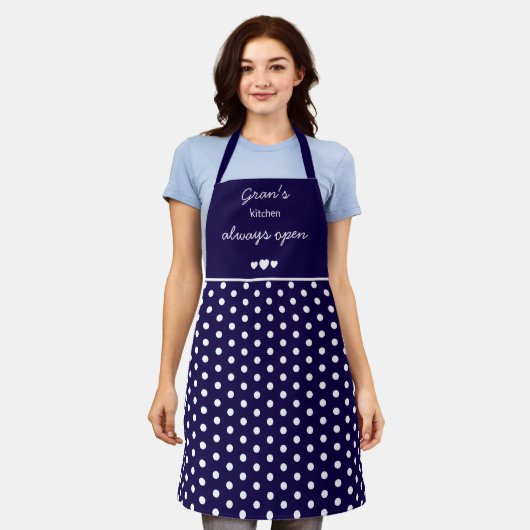 Gran's Kitchen Always Open Navy Blue And White Dot Schürze (Getragen)