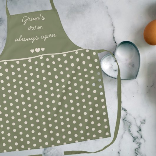 Gran's Kitchen Always Open Olive Green Polka Dot Schürze