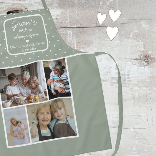 Gran's Kitchen Always Open Sage Green Dots Photo Schürze
