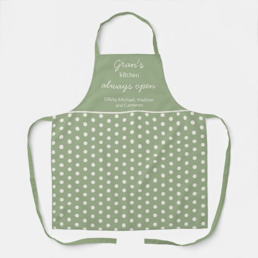 Gran's Kitchen Always Open Sage Green Polka Dot Schürze (Vorderseite)