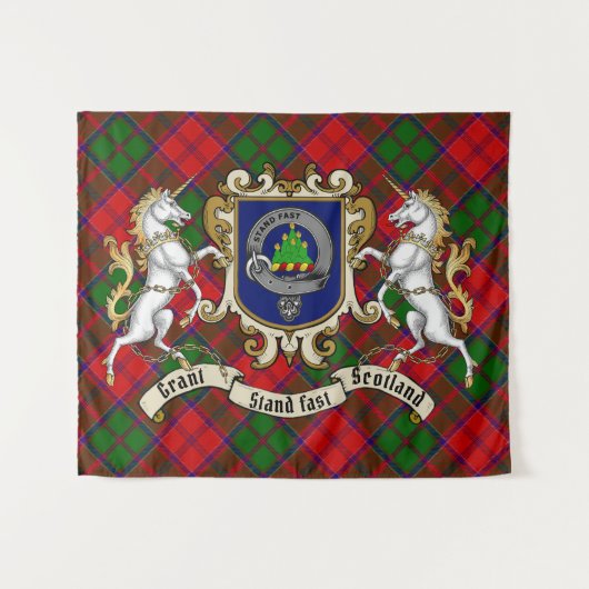 Grant Clan Abzeichen & Unicorns w/Tartan Wandteppich (Vorderseite (Horizontal))