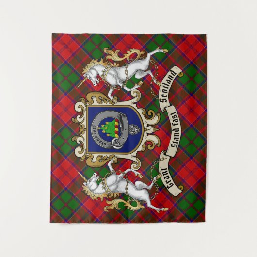 Grant Clan Abzeichen & Unicorns w/Tartan Wandteppich (Vorderseite)