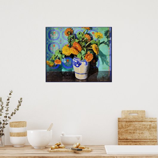 Grant Wood - Calendulas, Blumenmalerei Poster (Küche)