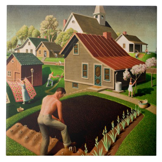 Grant Wood - Frühling in der Stadt, Kunstmalerei Fliese (Vorderseite)
