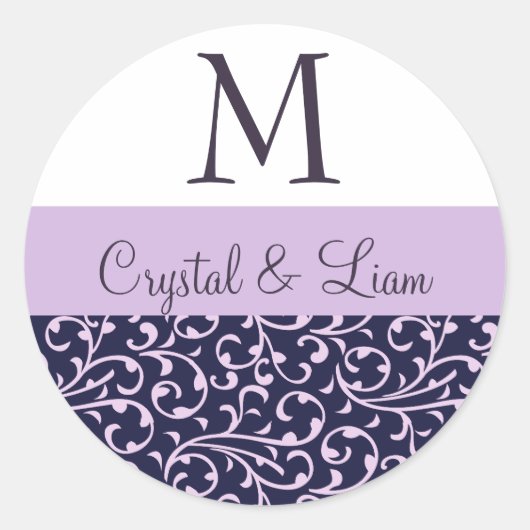 GRAPE und LILAC LILA Damask Wedding Monogram Runder Aufkleber (Vorderseite)