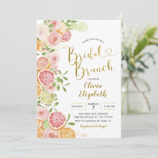 Grapefruit Citrus Fruit Bridal Dusche Einladung (Stehend Vorderseite)