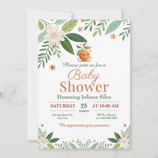 Grapefruit Orange Citrus Kleine Süsse Babydusche Einladung (Vorderseite)