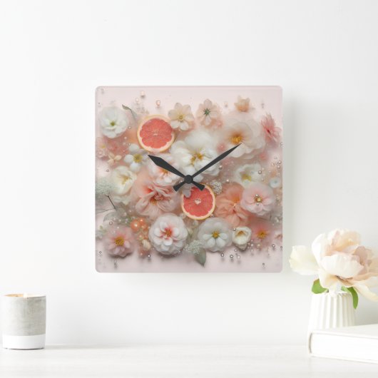 Grapefruit und Blume Abstrakt Quadratische Wanduhr (Zuhause)