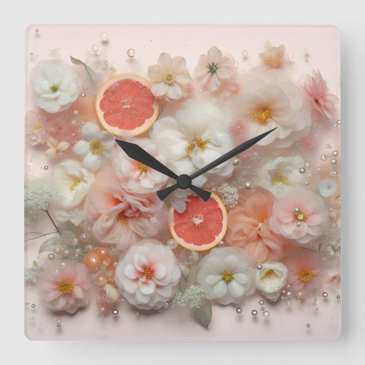 Grapefruit und Blume Abstrakt Quadratische Wanduhr (Vorderseite)