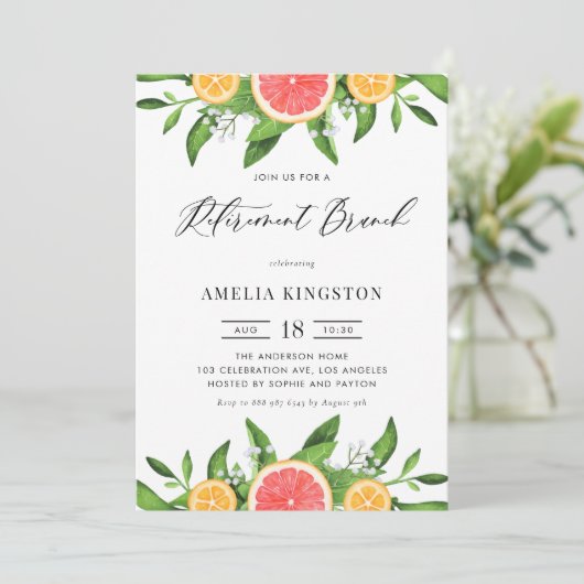 Grapefruit und Orange Summer Retirement Brunch Einladung (Stehend Vorderseite)