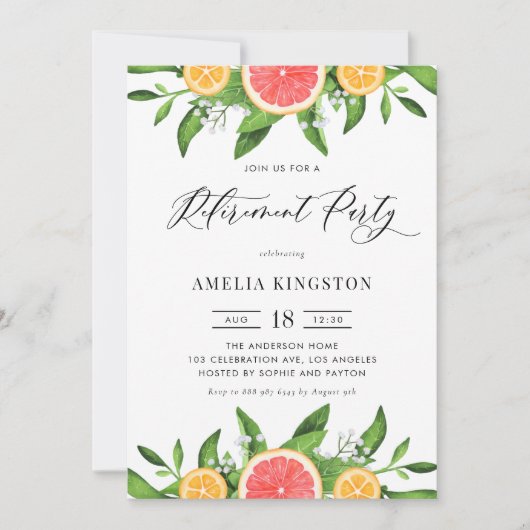Grapefruit und Orange Summer Retirement Party Einladung (Vorderseite)