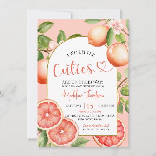 Grapefruits Citrus Summer Fruit Twin Baby Dusche Einladung (Vorderseite)