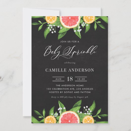 Grapefruits und Orangen Chalkboard Baby Sprinkle Einladung (Vorderseite)