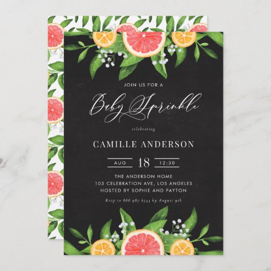 Grapefruits und Orangen Chalkboard Baby Sprinkle Einladung (Vorne/Hinten)