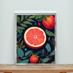 Grapefruitscheibe Wasserfarbe mit Erdbeeren Fotodruck