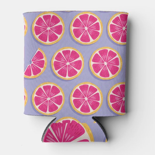 Grapefruitscheiben, lila Muster. Dosenkühler (Vorderseite)
