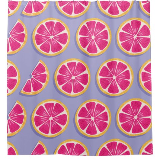 Grapefruitscheiben, lila Muster. Duschvorhang (Vorderseite)