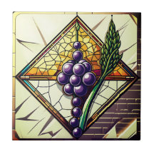 Grapes and Wheat Stained Glass Ceramic Tile