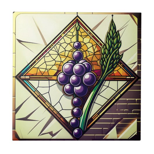 Grapes and Wheat Stained Glass Ceramic Tile Fliese (Vorderseite)