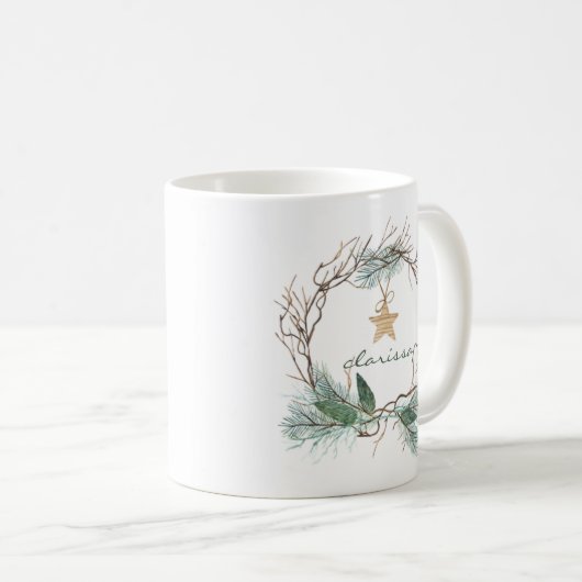 Grapevine Wreath Pine Branches Star Monogram Mug Kaffeetasse (VorderseiteRechts)