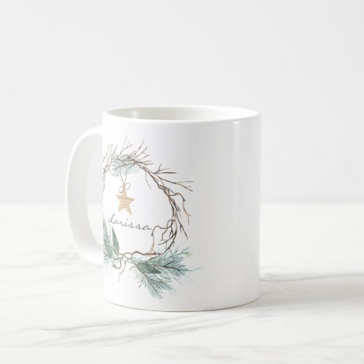 Grapevine Wreath Pine Branches Star Monogram Mug Kaffeetasse (Vorderseite Links)