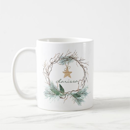 Grapevine Wreath Pine Branches Star Monogram Mug Kaffeetasse (Links)