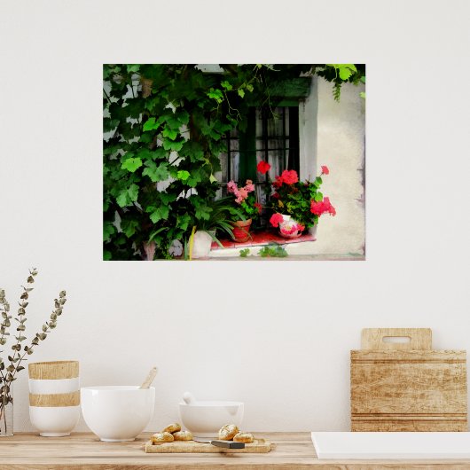 Grapevinen und Geranien rund um ein Fenster Poster (Küche)