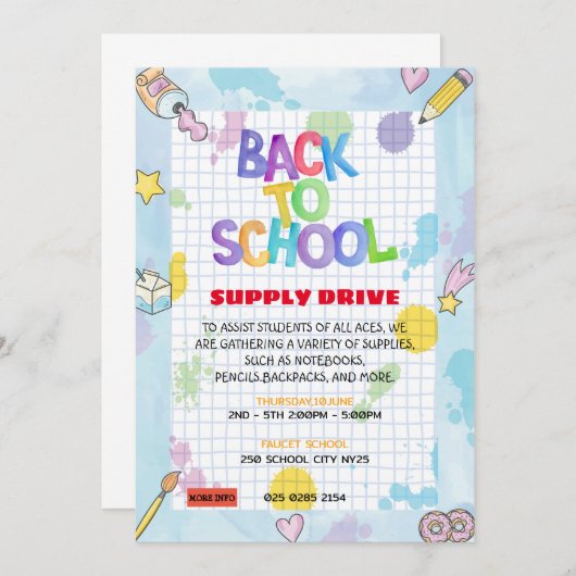 Graph Paper Back to School Supply Drive Fundraisin Einladung (Vorne/Hinten)