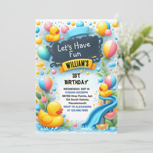 Graph Splash Bubbles Summer Duck Foam 1. Geburtsta Einladung (Stehend Vorderseite)