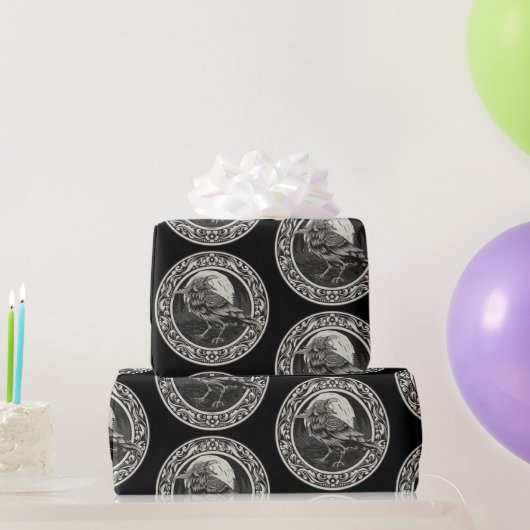 Graphic Art Raven Bird Black Gray White Geschenkpapier (Partygeschenke)