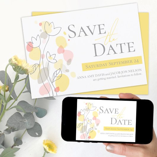 Graphic Blume Blätter gelb grau Save the Date Ankündigung
