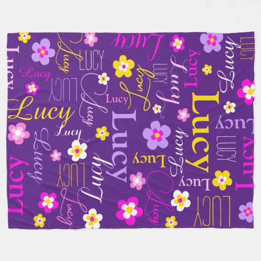 Graphische Blume Lucy Name lila rosa gelb Fleecedecke (Vorderseite (Horizontal))