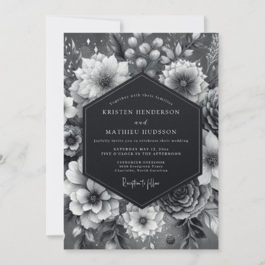Graphit Düstere Blütenhochzeit Einladung (Vorderseite)
