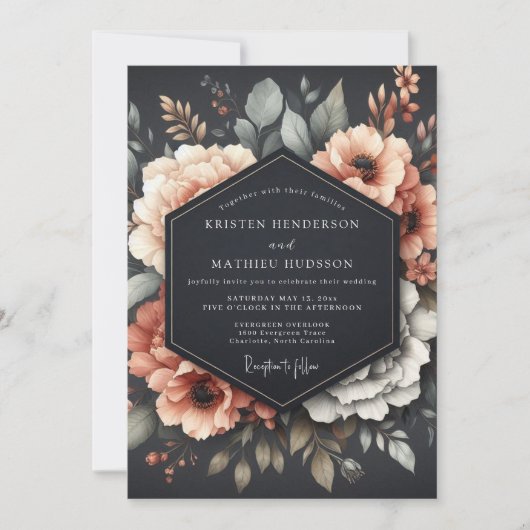 Graphit-Korallen-Trübe-Flora-Hochzeit Einladung (Vorderseite)