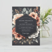 Graphit-Korallen-Trübe-Flora-Hochzeit Einladung (Stehend Vorderseite)
