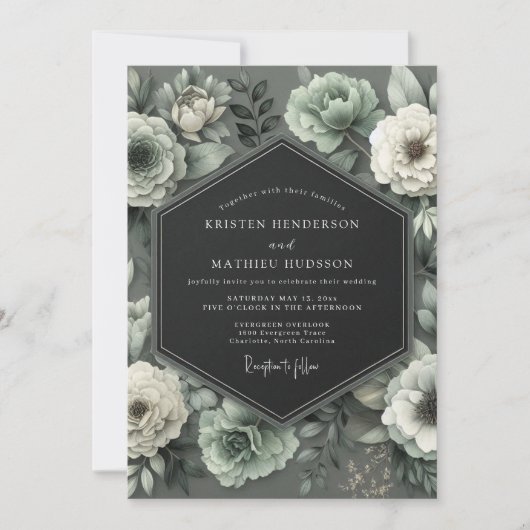 Graphite Mint Bloom Wedding Einladung (Vorderseite)