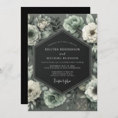 Graphite Mint Bloom Wedding Einladung (Vorne/Hinten)