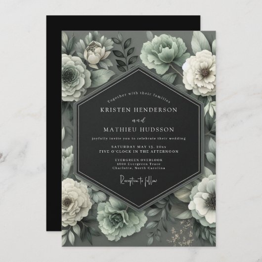 Graphite Mint Bloom Wedding Einladung (Vorne/Hinten)