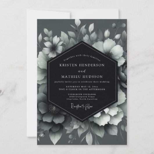 Graphite Shadowy Bloom Wedding Einladung (Vorderseite)