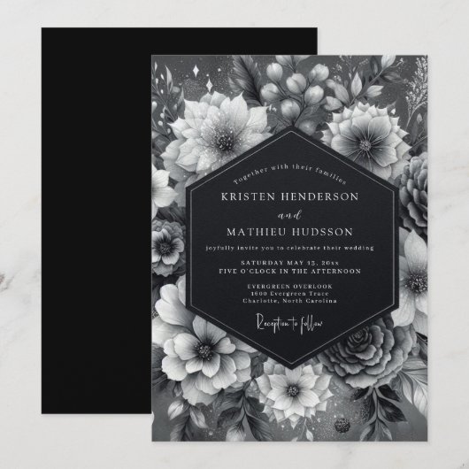 Graphite Somber Bloom Wedding Einladung (Vorne/Hinten)