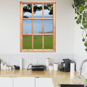 Gras, Blätter und Meerblick aus einem Fenster Poster