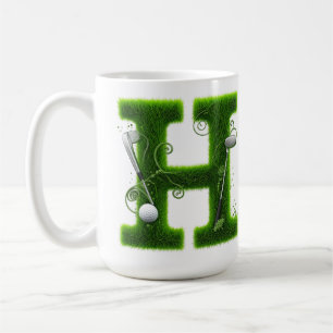 Gras-Buchstabe-Golf-Thema mit Bällen und Schlägern Kaffeetasse